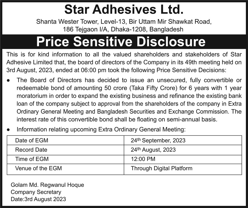 Price Sensitive Information of Star Adhesives Limited